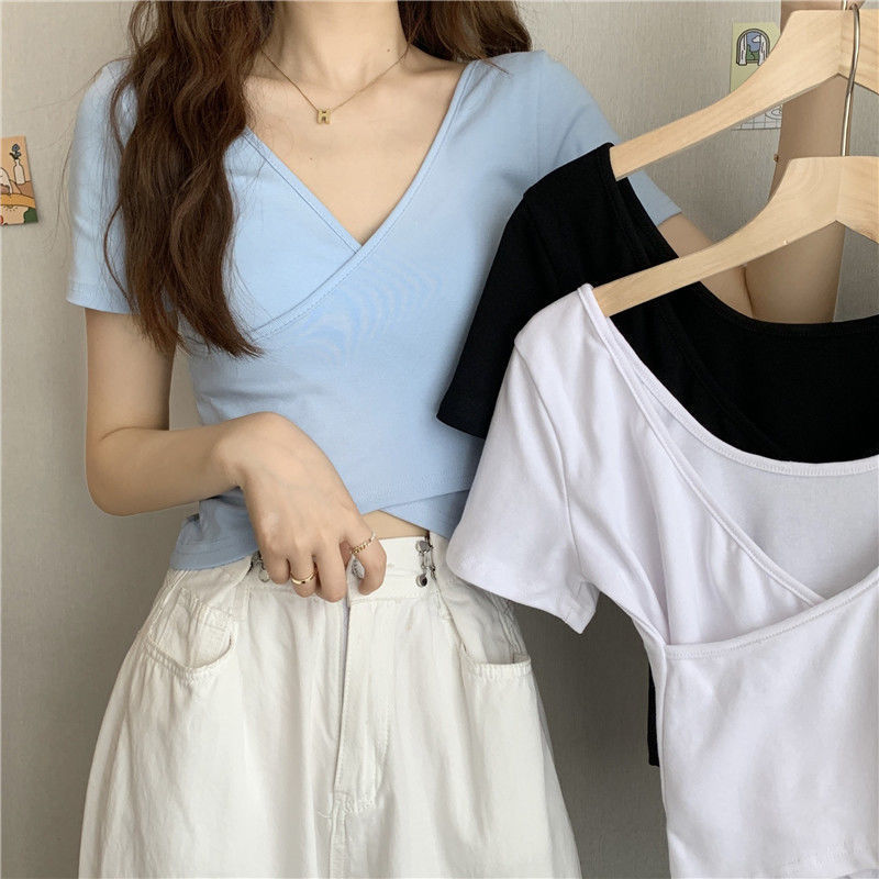 2025 summer new design cross versatile slimming slim fit short sleeved T-shirt for women Korean version short style solid color top for women