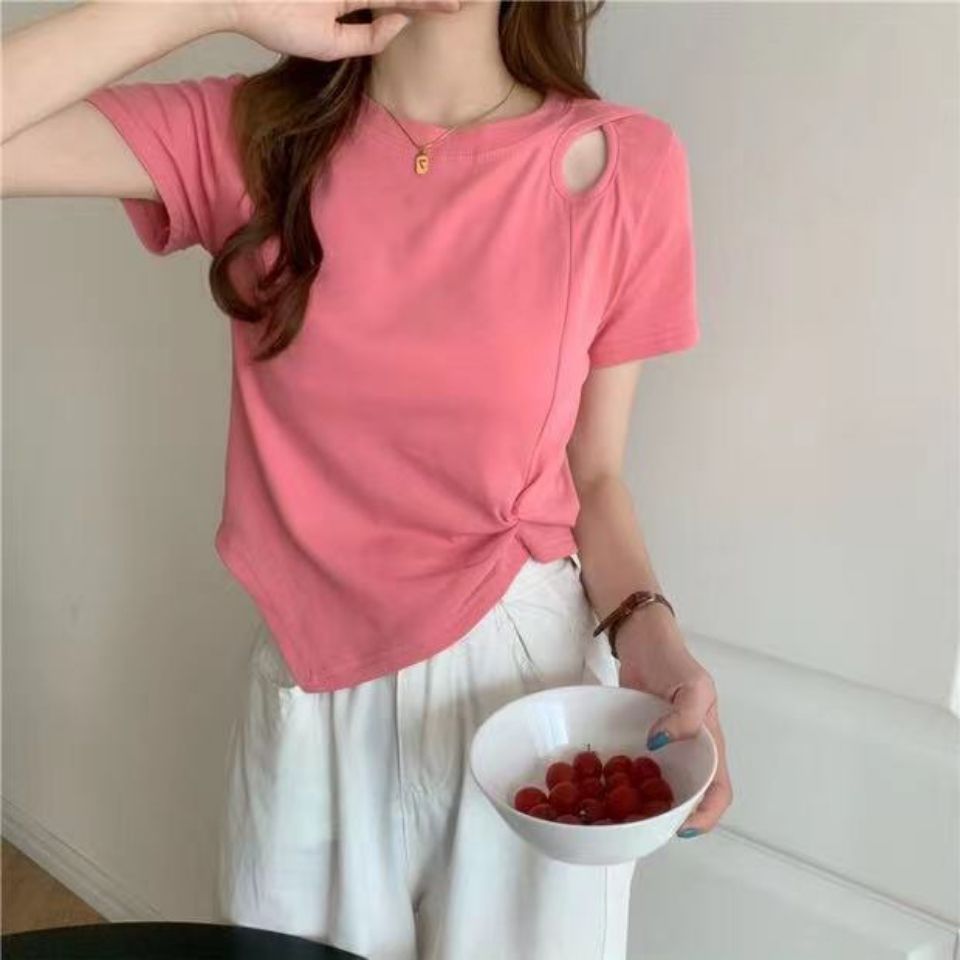 Summer 2023 new design sense niche hollow high waist slimming short top sweet and spicy pink short sleeved T-shirt for women
