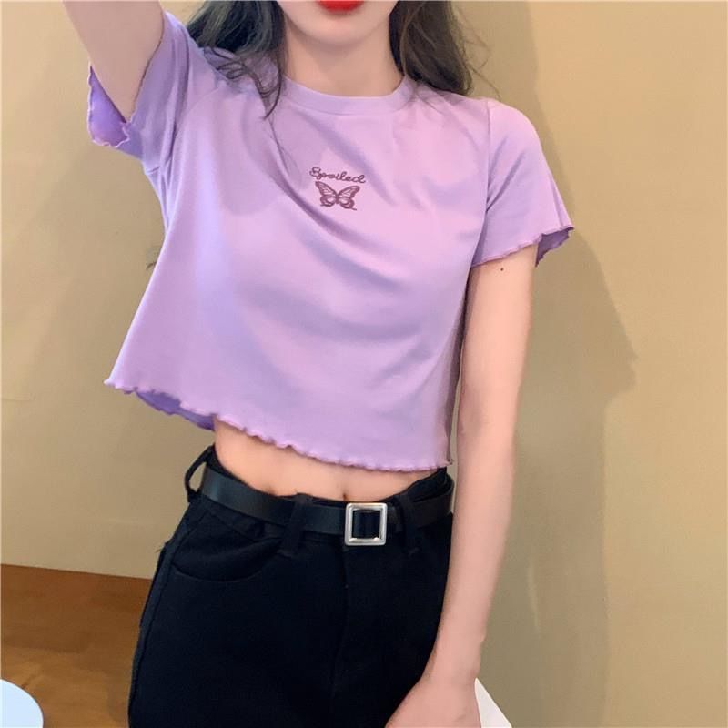 New 2023 summer high waist exposed navel short T-shirt for women, slim fit and versatile butterfly embroidery short sleeved top for women