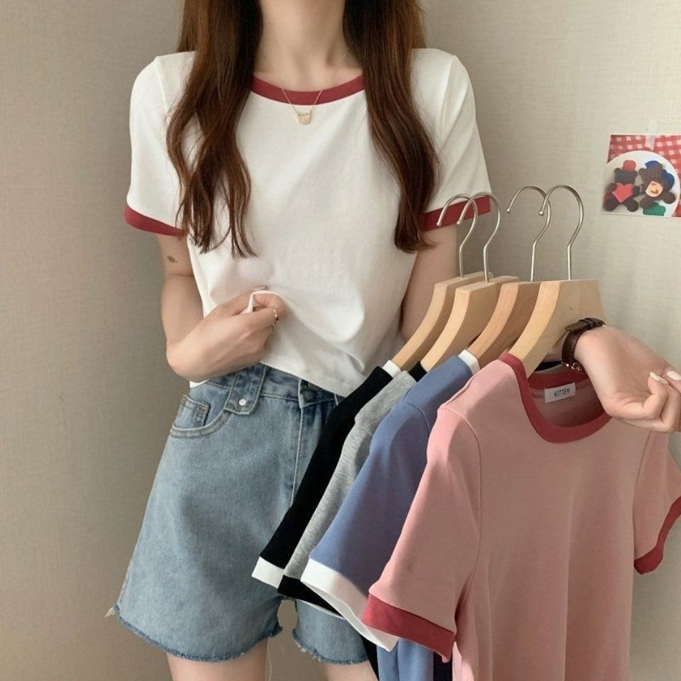 Color blocking round neck short sleeved T-shirt for women 2023 new summer base shirt Korean version slim fit short top trend