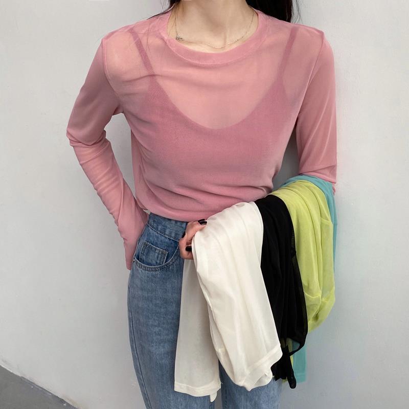 Thin long sleeved sun protection shirt for women 2023 summer new style ins 泫 elegant mesh base shirt for women ice silk inner T-shirt