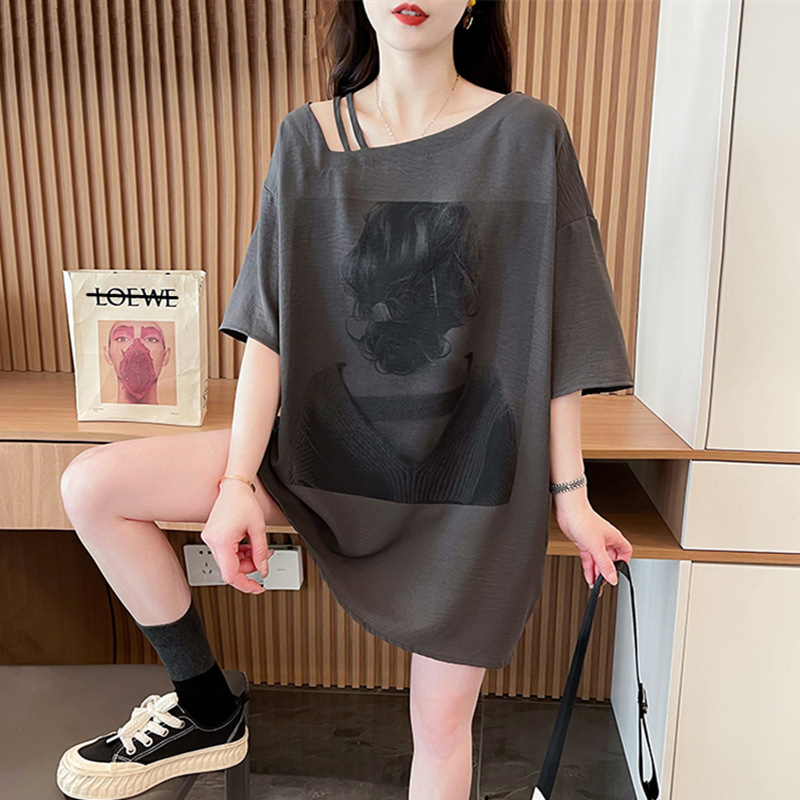 European style American design slant shoulder top short sleeved women's summer mid length loose oversized western-style half sleeved T-shirt trendy