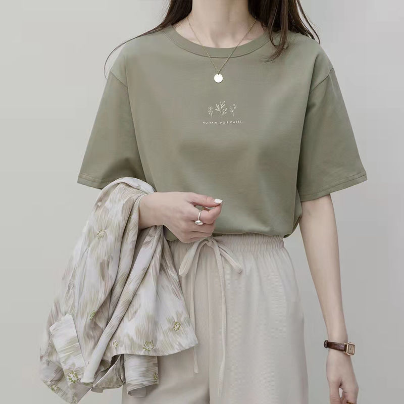 Short sleeved Korean round neck T-shirt for women in summer, loose plant print, casual solid color, fiery student half sleeved top for hair replacement