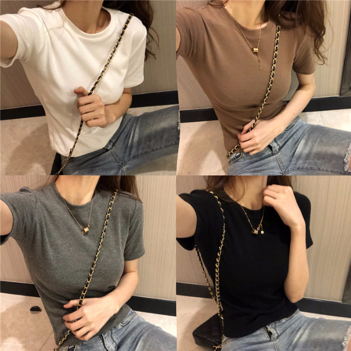 2025 Spring Collection New Western Style Base Shirt Fashion Korean Style Chic Retro Round Neck Basic Short Sleeve T-shirt Women's Trendy