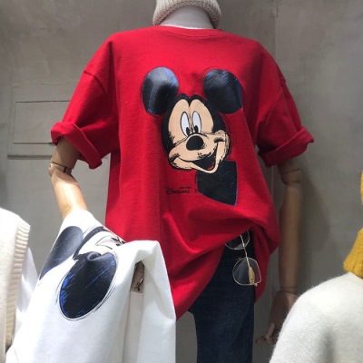 European loose fit 2023 new spring Mickey Mouse round neck short sleeved T-shirt for female students, trendy Instagram top