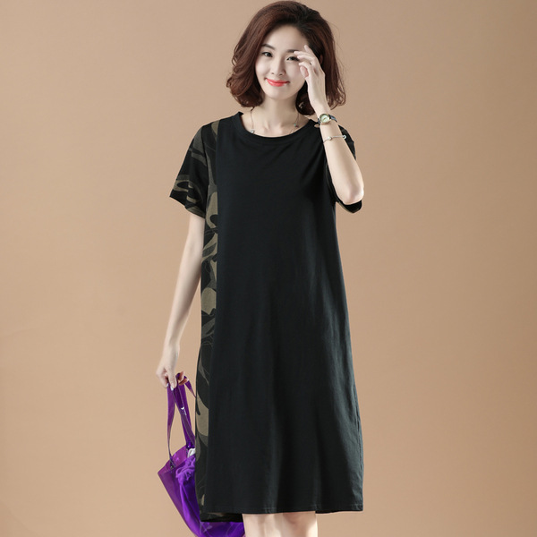 Fat mm2025 summer Korean version new camouflage short sleeved dress for women in plus size, loose over the knee, mid length skirt trendy