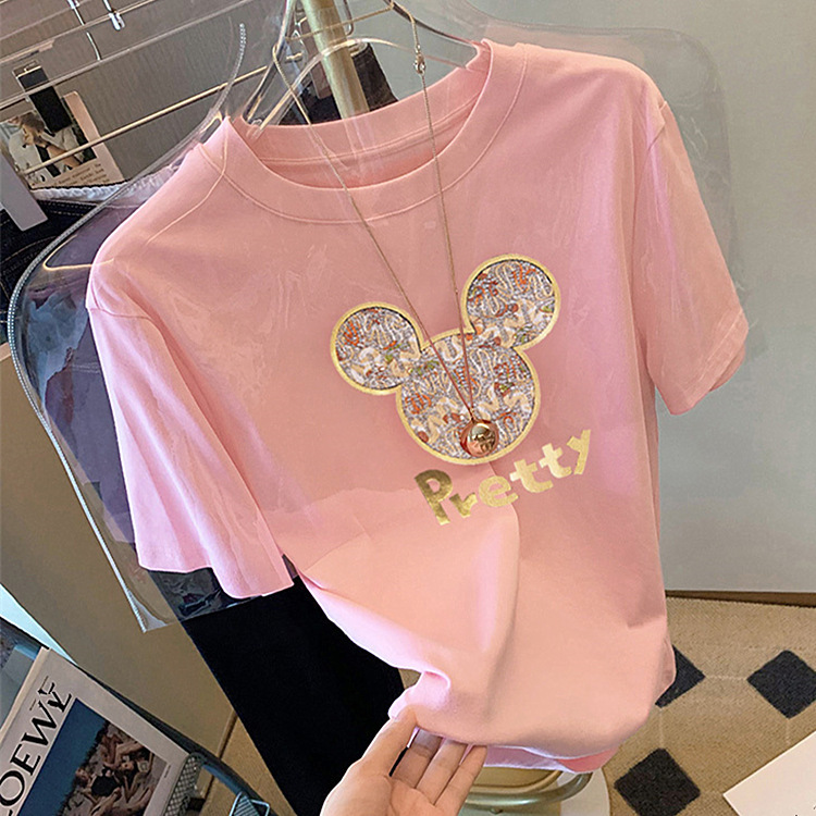 200g pure cotton heavy-duty hot stamping printed short sleeved T-shirt for women's summer new style, loose and cute, age reducing trendy clothing on the brand