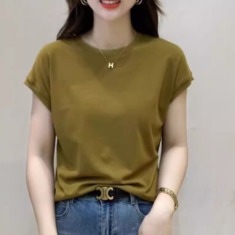 New Summer Little Fly Sleeve Style Versatile Fashion Slim Fit Round Neck Design Korean Style Western Top Bat Sleeve