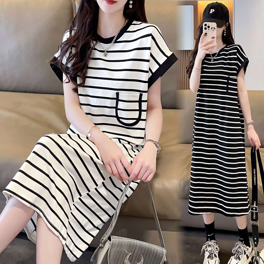 Summer new Korean plus casual style short sleeved striped dress for women, mid summer long loose and age reducing T-shirt skirt