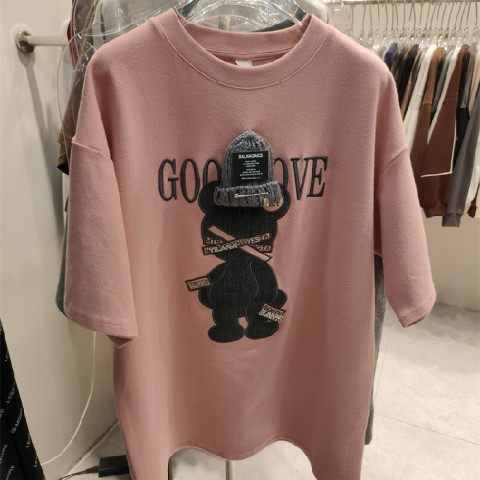 European style short sleeved T-shirt with cartoon print for women, 2023 new spring outfit round neck mid length half sleeved top, trendy Instagram