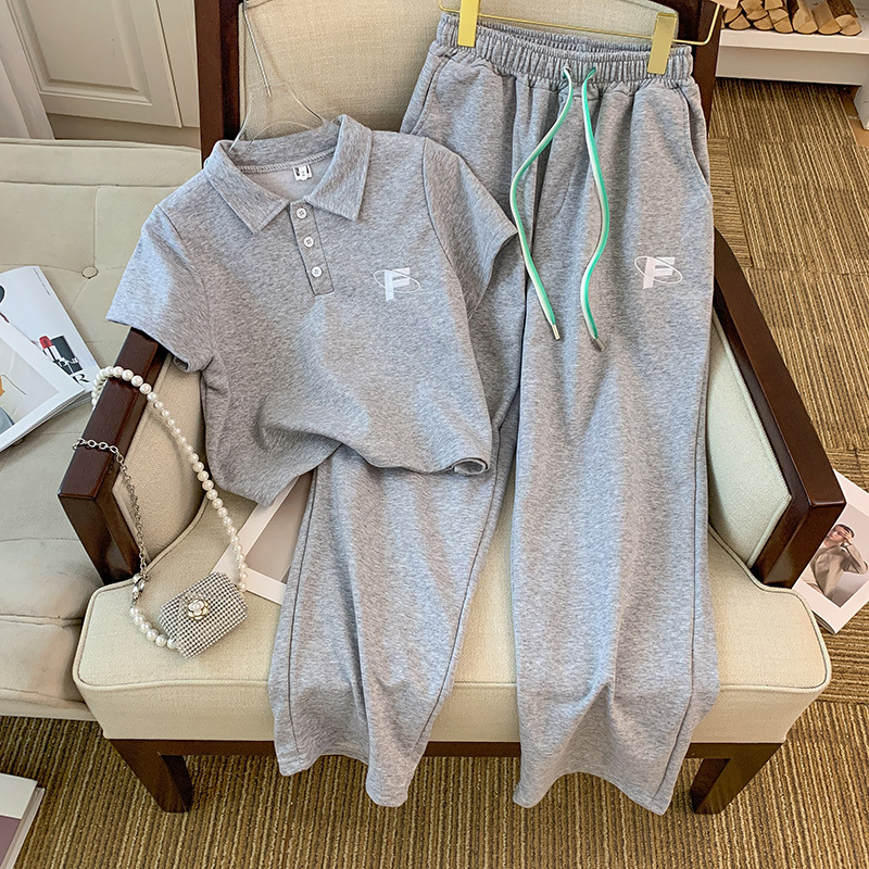 Age reducing summer sports suit fashionable small fragrance style small casual short sleeved wide leg pants two-piece set women's clothing
