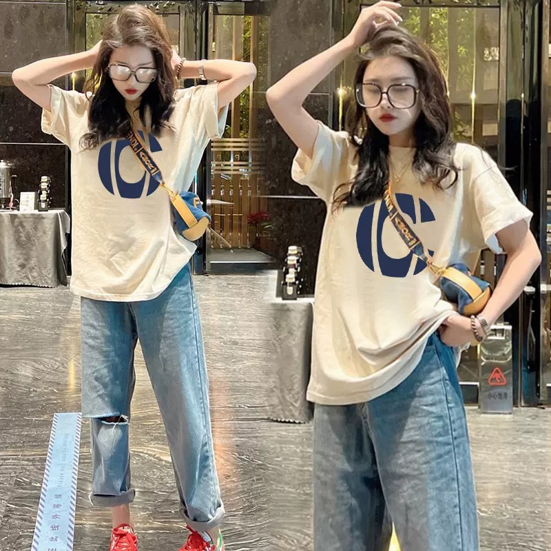 European top 2023 new women's short sleeved t-shirt, women's summer mid to long loose printed half sleeved t-shirt, ins trend