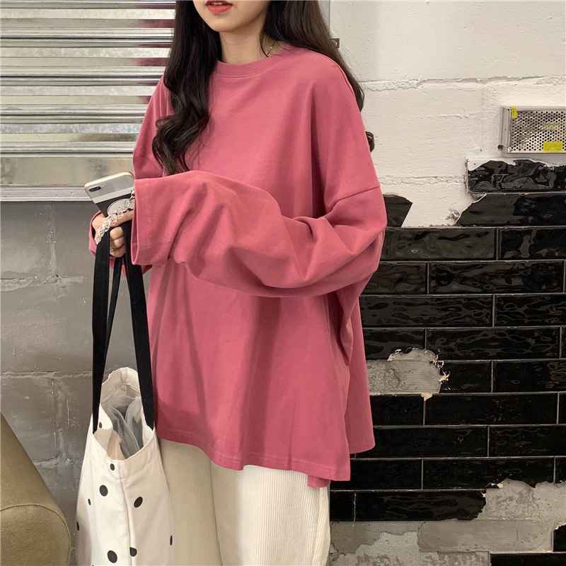 2025 Autumn Split Solid Color Long Sleeve T-shirt for Women, Fashion Bottom Shirt, Korean Edition, Trendy Student, Loose Top for Women