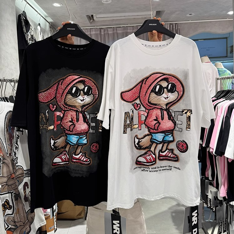 Wholesale Fat MM300 pounds Large Heavy duty Bead Embroidered Rabbit Bags Medium to Long Half Sleeve Top Cotton Short Sleeve T-shirt for Women
