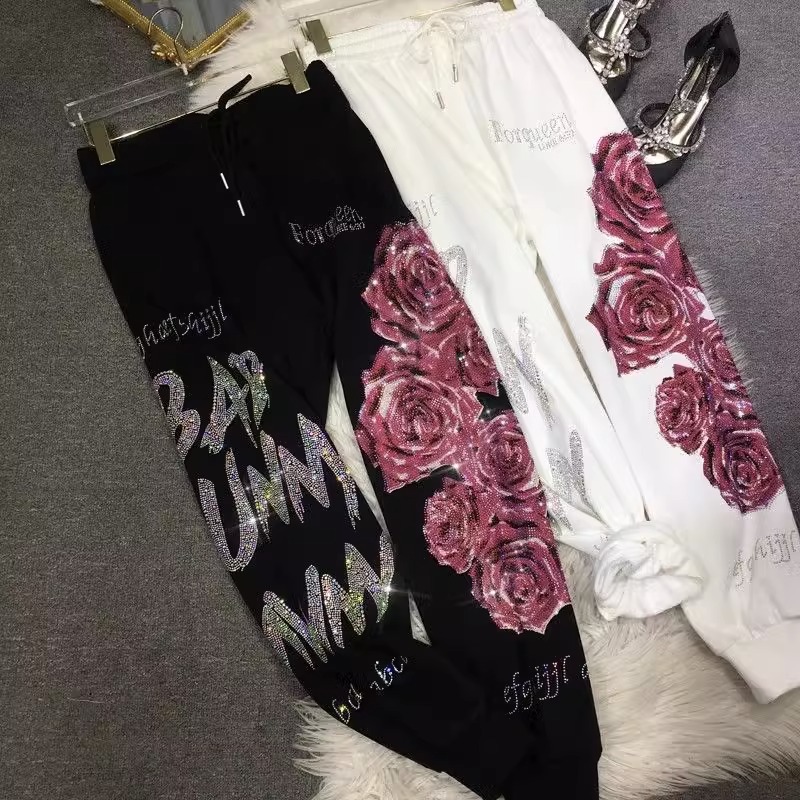 Extra Large 100-150KG Fat M New Heavy Industry Hot Diamond Sanitary Pants Women's Light Luxury Flower High Waist Show Skinny Leg Tight Sports Pants