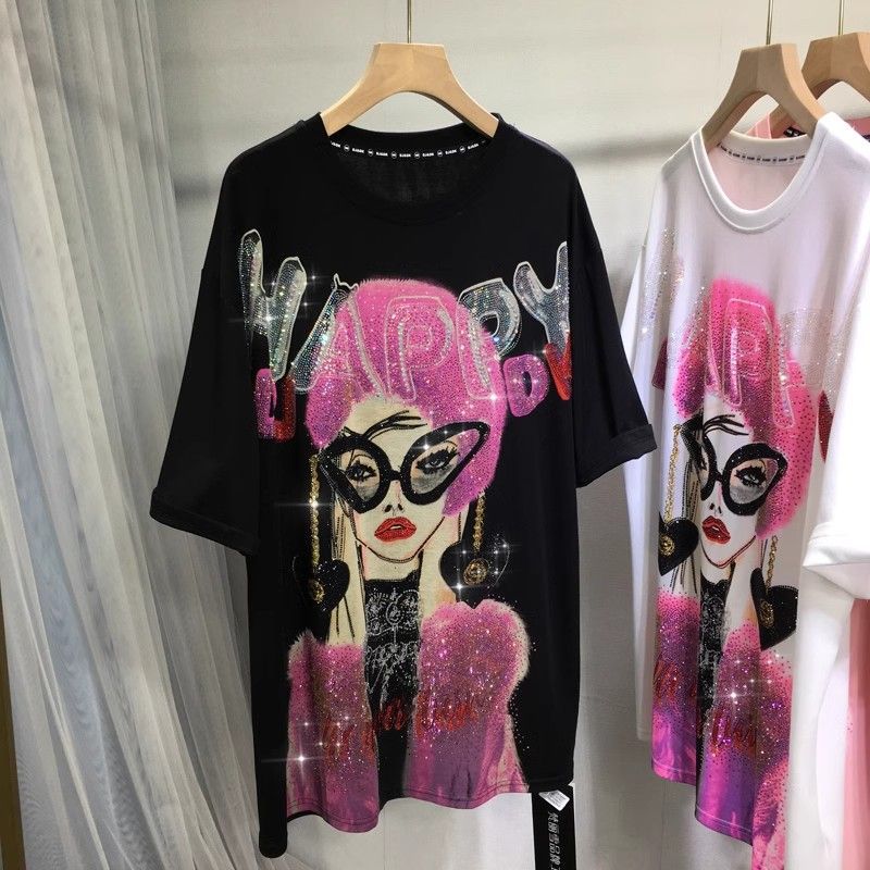 Extra Large 300kg European Heavy Industry Hot Diamond T-shirt Short Sleeve Men's and Women's Summer Cartoon Loose Round Neck Half Sleeve Top