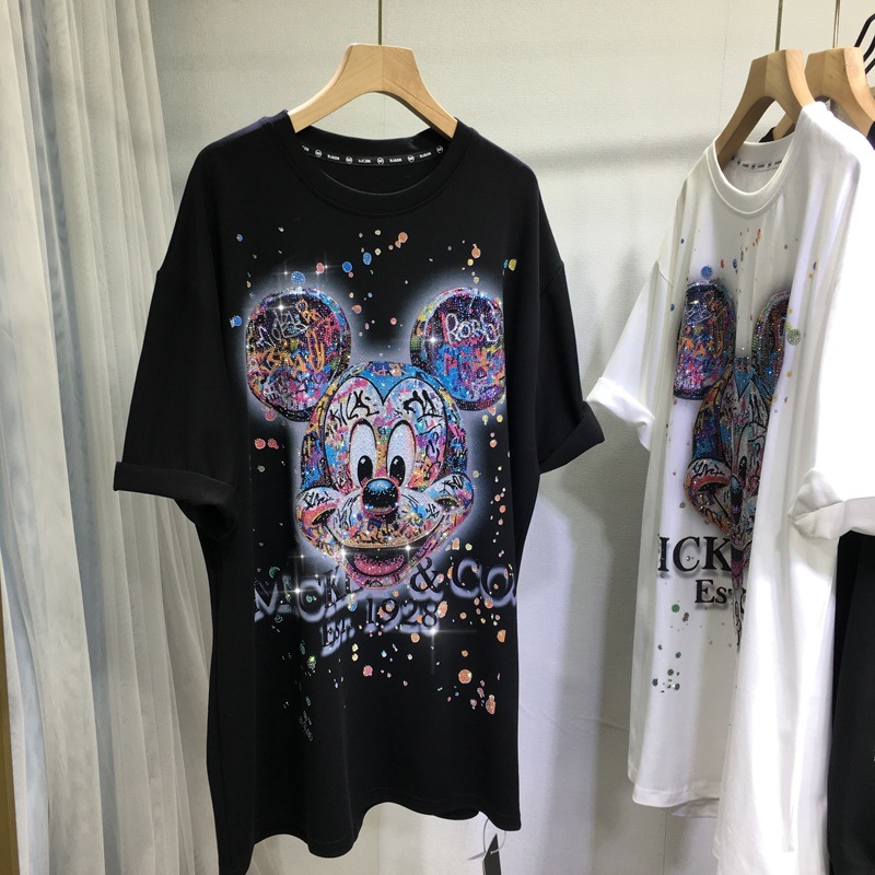Wholesale Fat MM100-150KG Oversized European Goods Heavy Industry Hot Diamond Mickey T-shirt Women's Short Sleeve Round Neck Loose Top Trendy