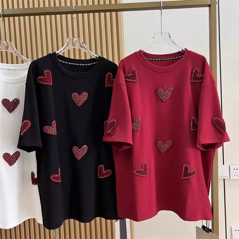 Oversized 100-150KG Fat mm Spring Heavy Industry 3D Love Towel Embroidered Short Sleeve T-shirt Women's Nail Bead Loose Top