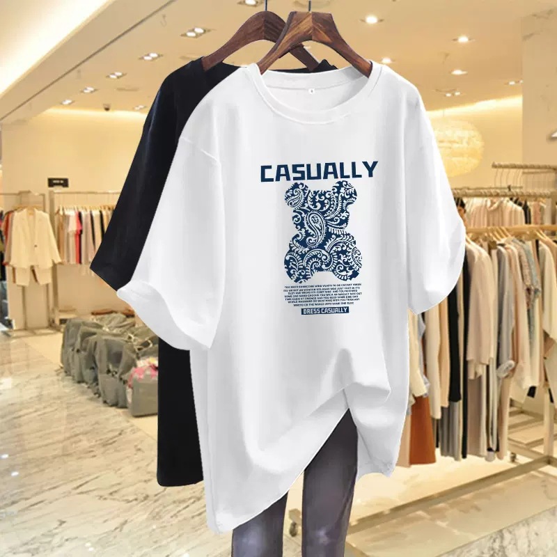 2023 new summer teddy bear round neck white short sleeved t-shirt women's loose large version medium long student top ins trend
