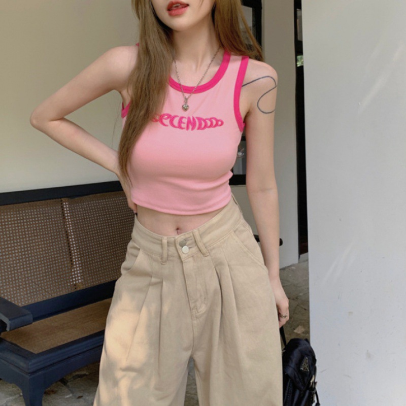 Dopamine tank top, spicy girl, American letter, worn on the outside, paired with contrasting color edges, slim fit, short sleeveless, thin vest