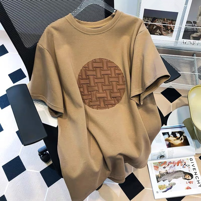 200g pure cotton back collar European station printed short sleeved T-shirt women's summer Korean loose fit large casual top