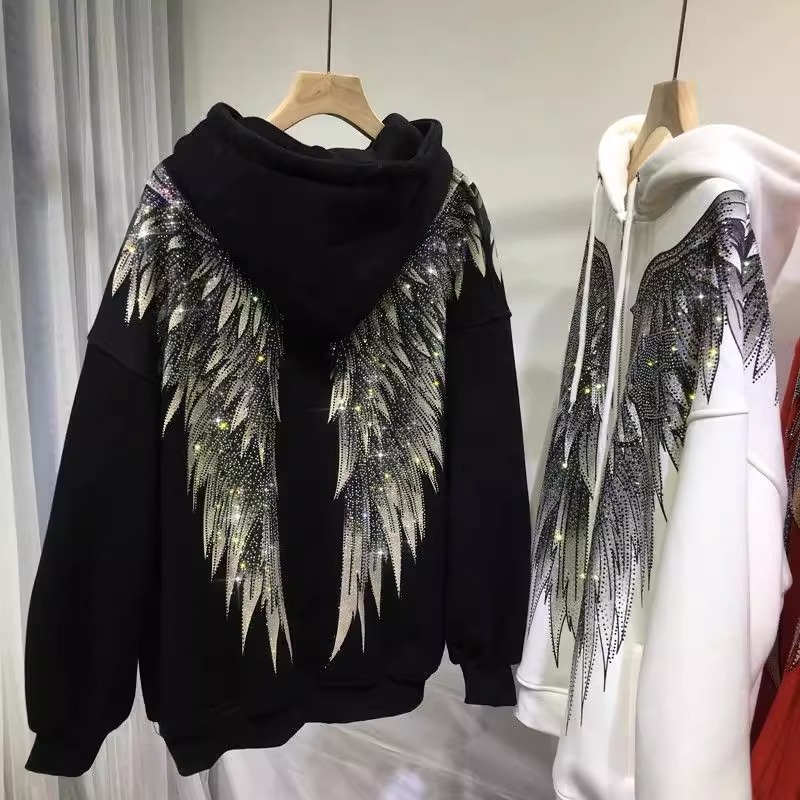 Extra Large 100-150KG Fat mm Heavy duty Hot Diamond Light Luxury Front and Rear Wings Hooded Long sleeved Velvet Jacket Women's Hoodie