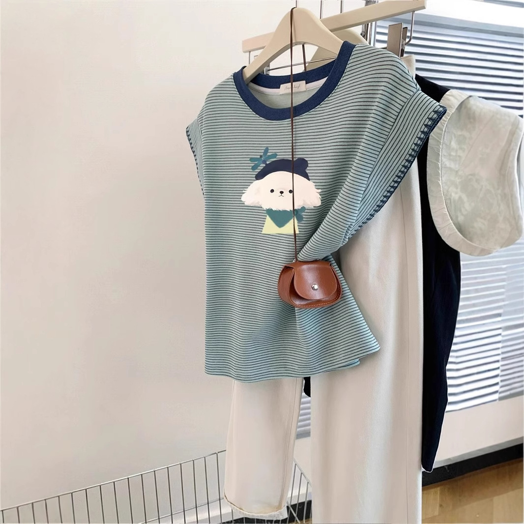 Summer green striped cartoon round neck shoulder short sleeved T-shirt for women's fashion, new Korean style slimming flying sleeve top