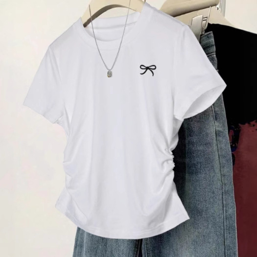 Spot cute style shoulder short sleeved T-shirt with printed waist cinching and slimming versatile Korean version slim fit plus size slightly chubby top for summer