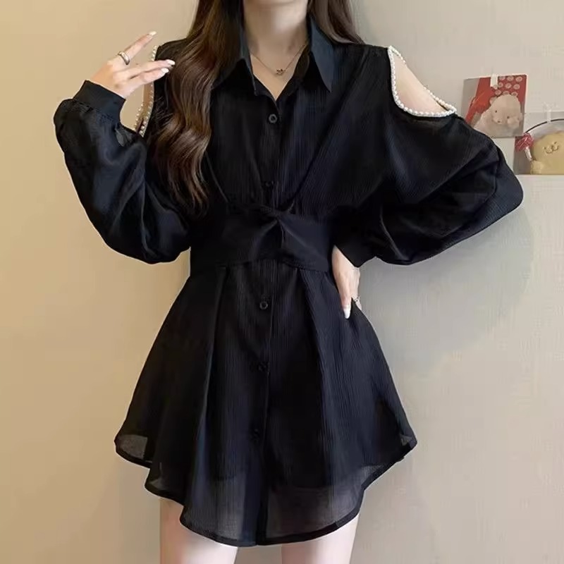 Oversized size 100-150KG chubby mm pearl off shoulder shirt skirt women's mid to long sunscreen shirt shorts two-piece set trendy