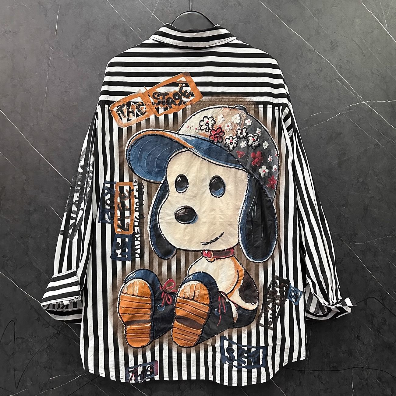Fat M100-150KG Extra Large Spring/Summer Heavy Industry Cartoon Snoopy Striped Long Sleeve Shirt Men's and Women's Loose Medium Length