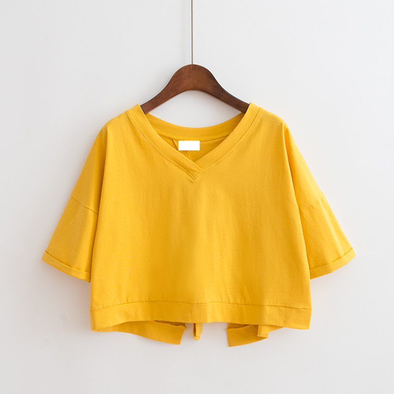 Solid color back splicing split V-neck loose high waisted short top for female students with straps short sleeved T-shirt wholesale for women's clothing