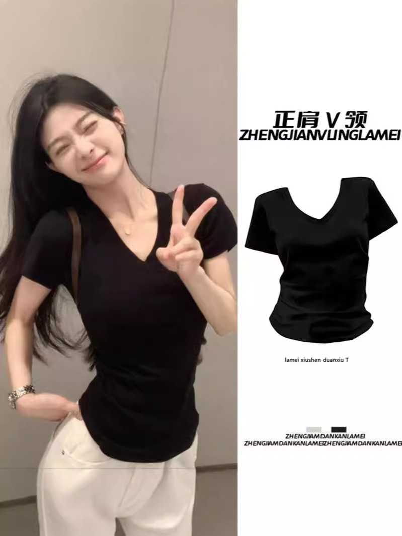 Basic American short sleeved front shoulder V-neck T-shirt for women's summer new slim fit spicy girl versatile slimming design niche top