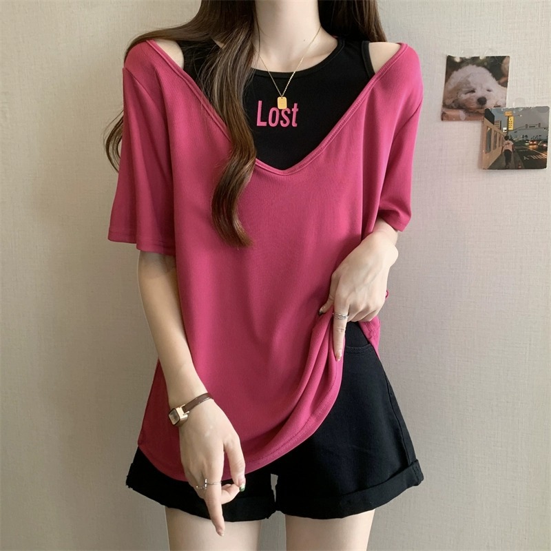 Summer new style western-style short sleeved T-shirt for women, Korean version, loose fit, flesh covering, slimming and fake two piece design sense, niche top for women
