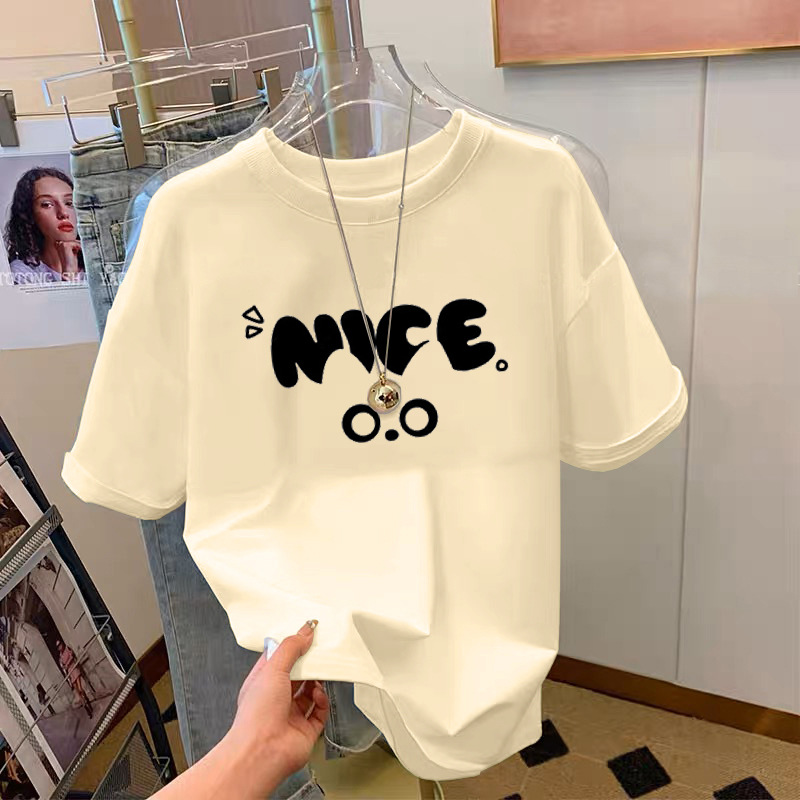 Apricot cartoon loose short sleeved T-shirt for women in spring and summer 2024, loose and versatile, mid to long half sleeved top, trendy Instagram