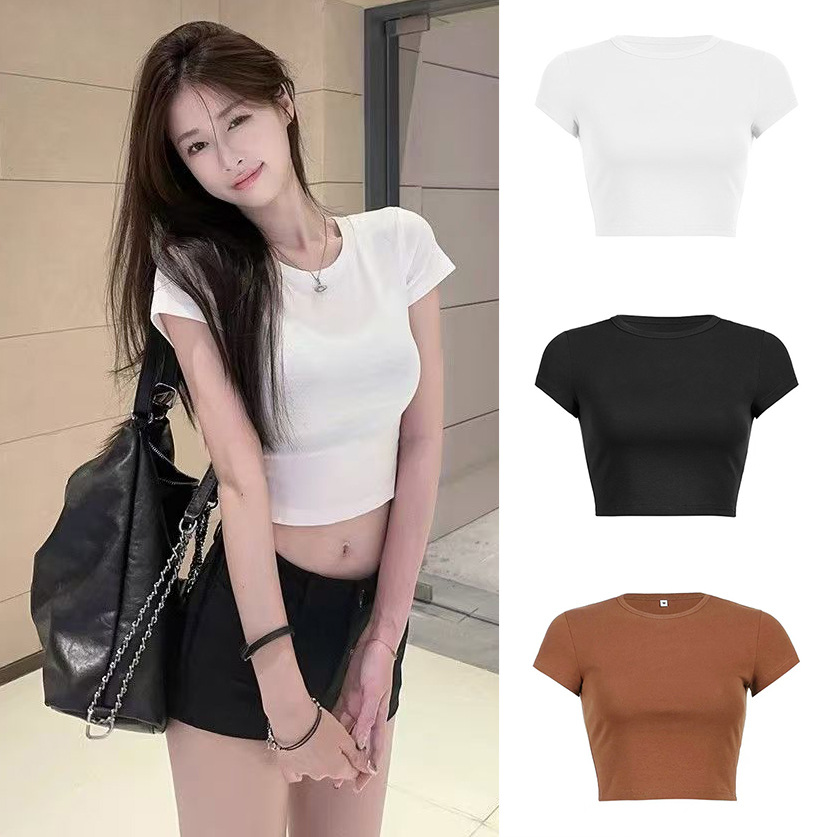 Foreign trade American style crop exposed short sleeved T-shirt for spicy girls, summer slimming and slimming for women, cross-border Southeast Asian solid color Instagram top