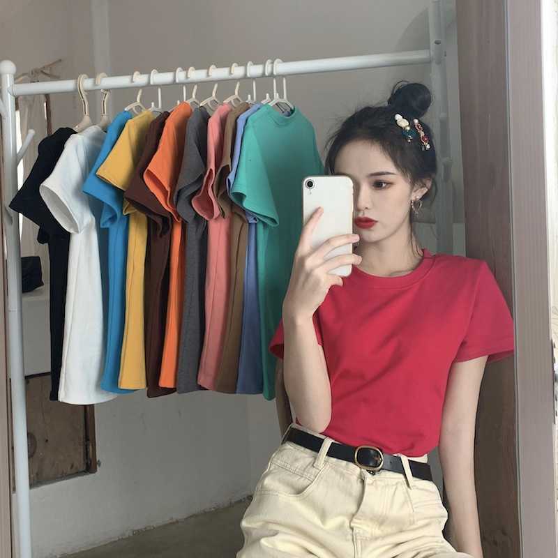 Candy colored Korean round neck top for women 2025 loose and versatile base shirt, summer new short sleeved T-shirt for women wholesale