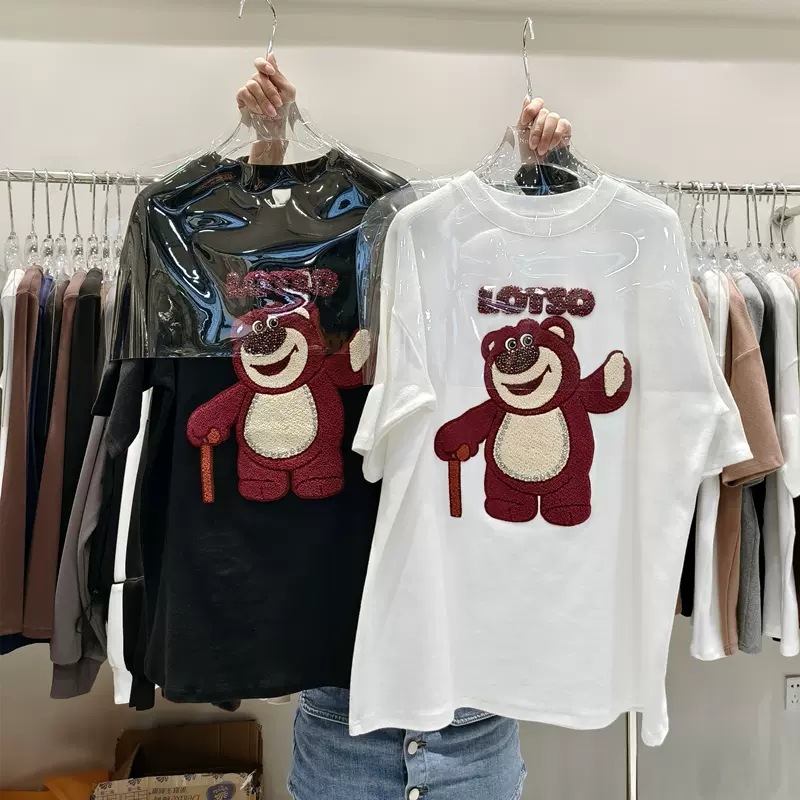 2023 Spring New Strawberry Bear Round Neck Short Sleeve T-shirt for Women, Loose and Versatile, Medium to Long Half Sleeve Top, Ins Trendy