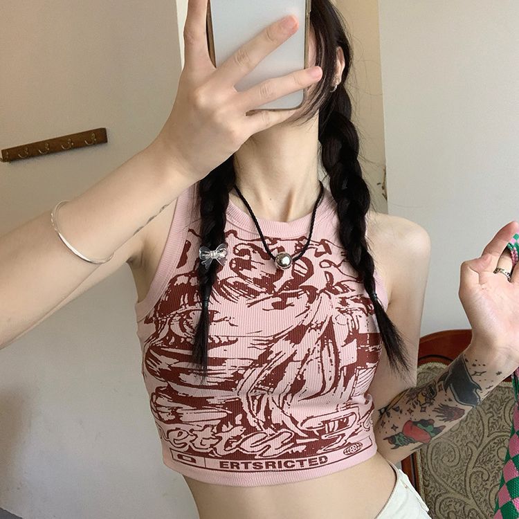 American retro I-shaped tank top with camisole, women's summer sweet and spicy outfit, pink spicy girl sleeveless short sports top