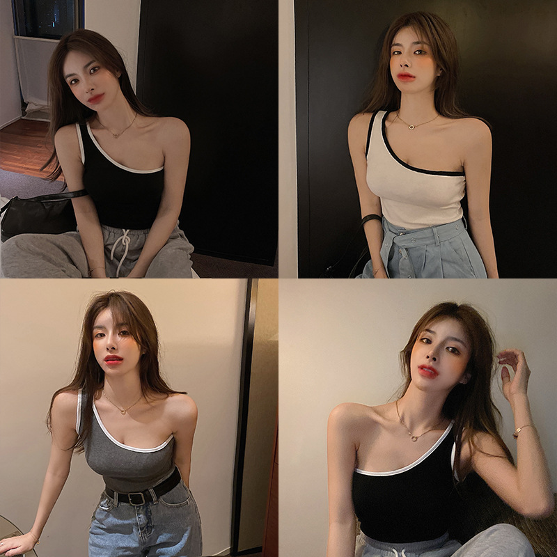 Cross border Shopee Vest Women's Outerwear Trendy New Style, Internet Celebrity Heart Machine Design Sense Slanted Shoulder Black Sleeveless Top for Women