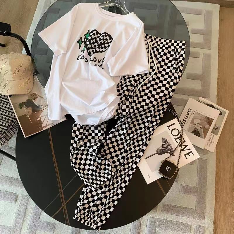 Sportswear set checkerboard women's summer new thin style trendy brand casual loose fashion summer checkered pants two-piece set