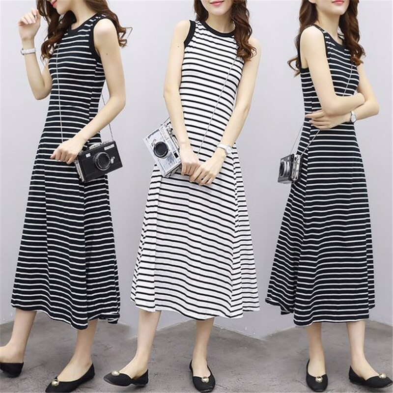 Korean style slim striped dress for women, retro and simple sleeveless vest skirt, A-line long skirt