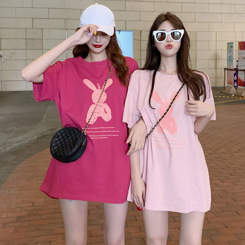 Summer mid to long loose best friend outfit base shirt, women's cartoon ins round neck plus size short sleeved T-shirt, women's top, women's clothing