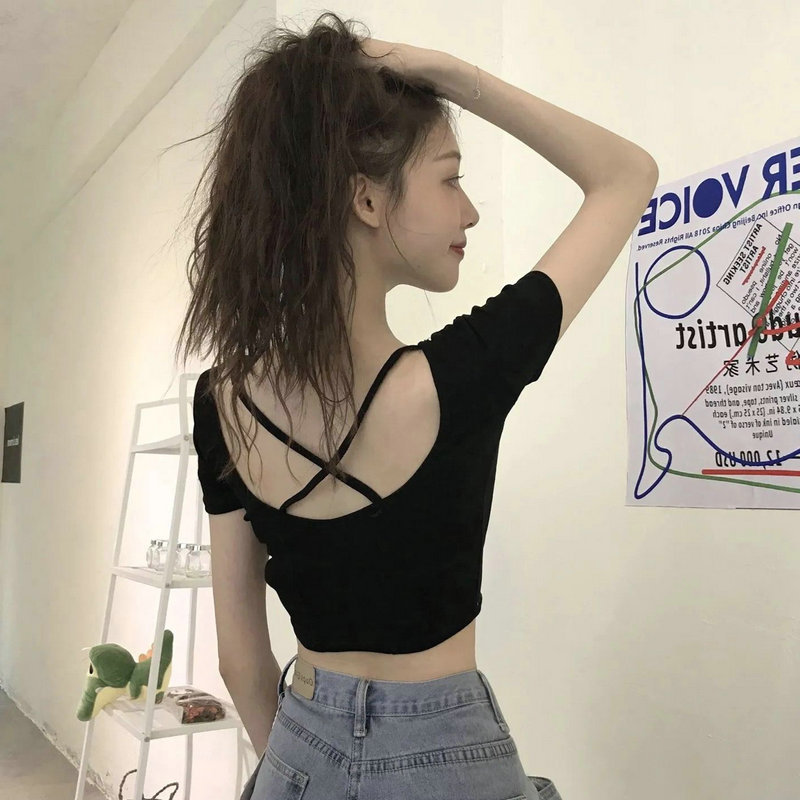 2023 New Internet Celebrity Short sleeved T-shirt for Women's Summer Ins Super Hot Back Hollow Slimming and Highlighting Short Cutout Umbilical Top