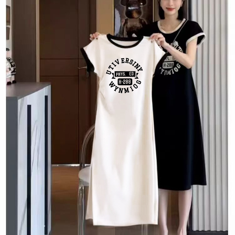 European style summer dress, women's ice silk thin letter printed slit long skirt design, short sleeved slim fit and slimming home skirt