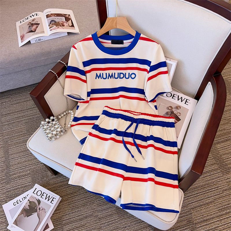 Fashion casual sports suit for women 2024 summer new loose striped letter short sleeved T-shirt shorts two-piece set