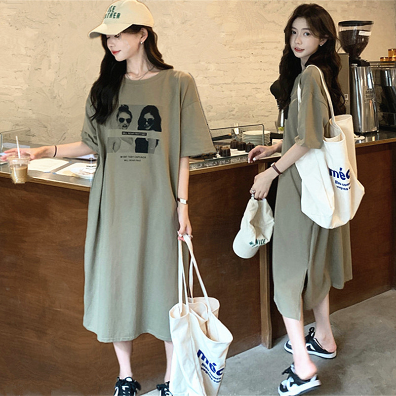 Cotton plus size American printed slit dress for summer women, loose and casual short sleeved T-shirt, long skirt