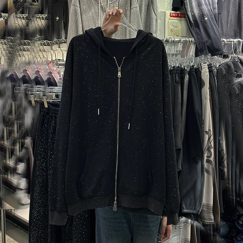 Mantianxing hooded sweatshirt jacket plus size women's clothing autumn and winter 100-150KG fat mm loose zipper thick top