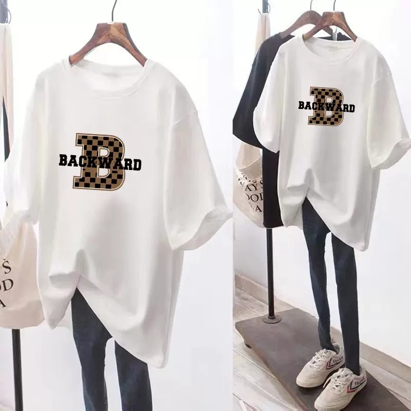 Medium to long white T-shirt for women, short sleeved, butt covering, oversized, loose letter printed top, versatile half sleeved, ins trendy summer