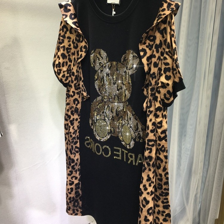 Oversized size 100-150KG chubby summer hot stamping dress with leopard print, black fungus edge, small bear short sleeved, medium to long women's top