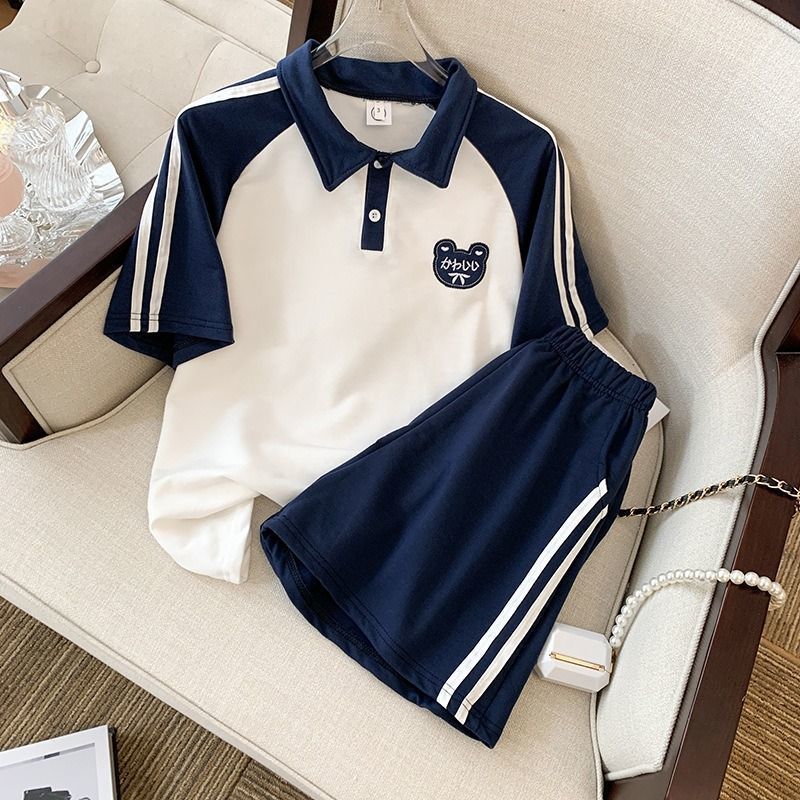 Trendy casual sports set for girls in summer, Japanese college style, loose polo shirt, short sleeved shorts, two-piece set